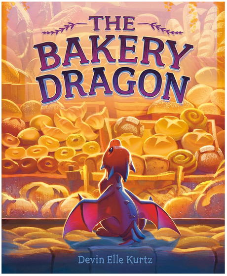 The Bakery Dragon shows a small dragon gazing at a bakery filled with various breads and pastries.