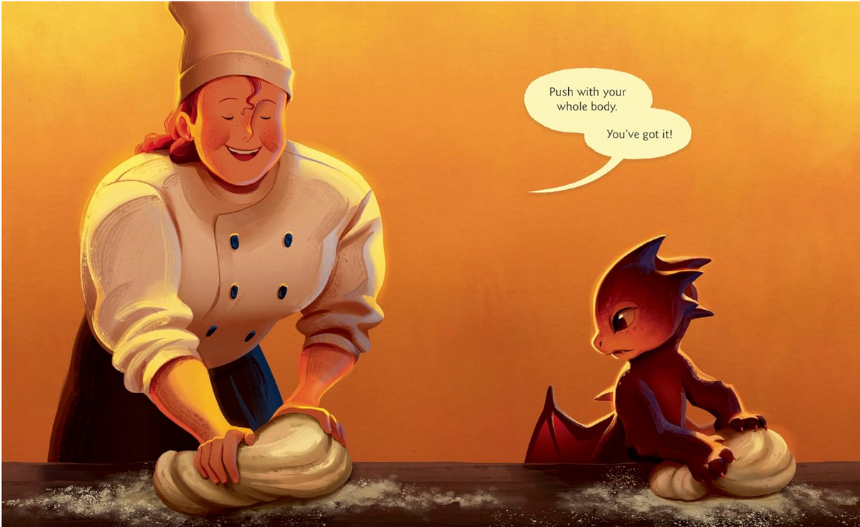 The Bakery Dragon shows a kind baker helping a small dragon knead dough in a warm kitchen.