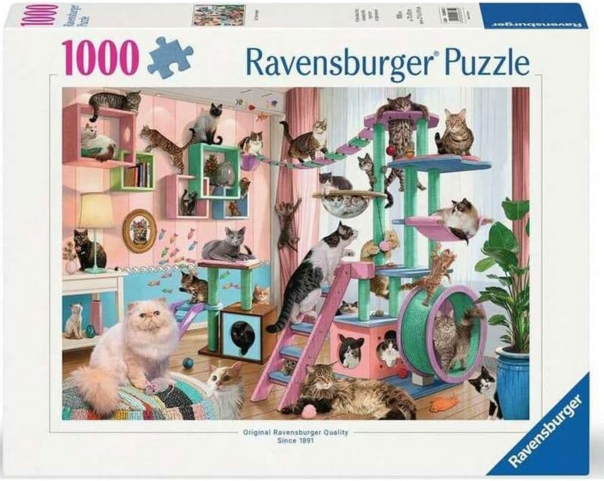 1000pc Cat Tree Heaven Puzzle featuring cats playing and climbing on colorful cat trees in a cozy room setting.
