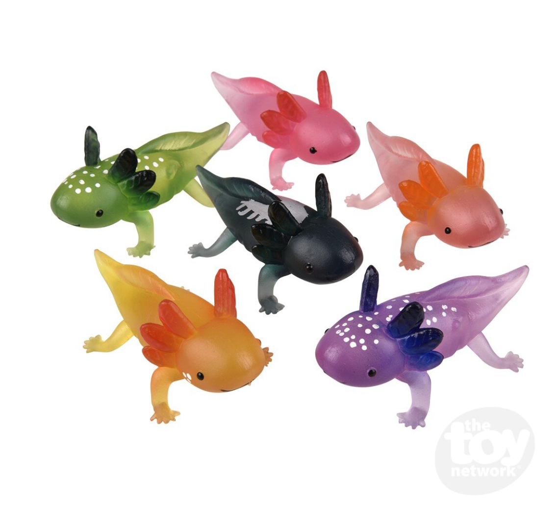 Six assorted colorful Little Axolotl soft plastic figurines for pretend play and collectibles, each sold separately.