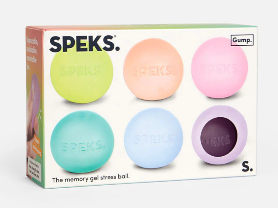 Speks. Gump Mini 6 gel stress balls in pastel colors, pliable, mess-free, perfect for stress relief and on-the-go use.