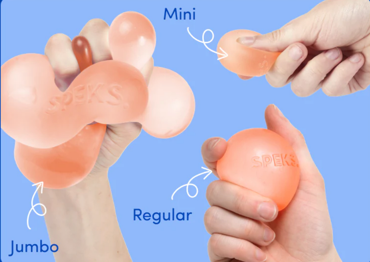 Hands squeezing three sizes of Speks. Gump Dew stress balls: Jumbo, Regular, and Mini with soft, pliable gel filling.