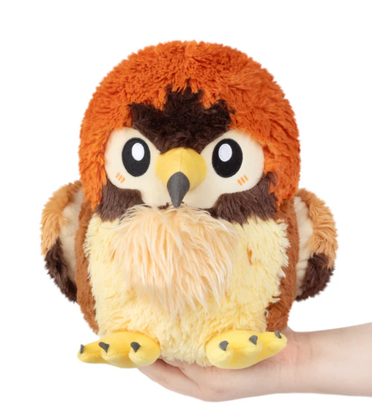 Handheld soft plush toy with orange and brown feathers and big eyes, the Hawk Mini perfect for all ages.