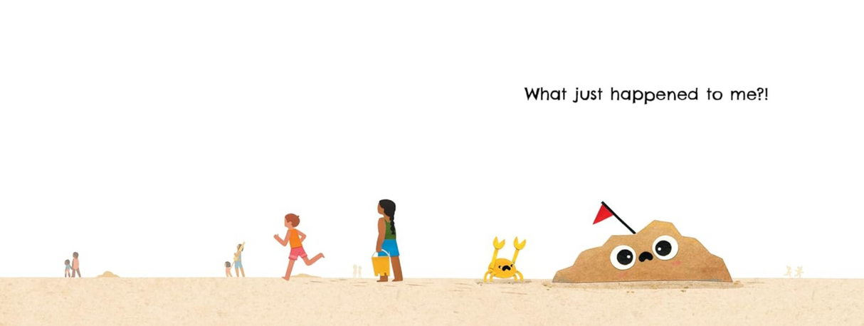 The Squish book illustration showing a surprised sandcastle character asking what just happened.