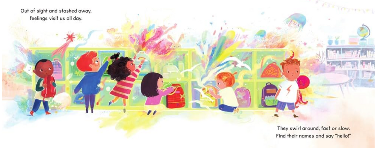 Illustration from First Day, Hooray! shows children joyfully exploring colorful feelings on their first day of school.