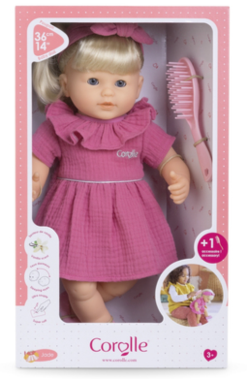 Mon Grande Poupon Jade doll in pink dress with blue eyes and hairbrush included, perfect for children ages 3 and up.
