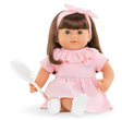 Mon Grand Poupon Julie doll with long brown hair, pink dress, headband, white brush, and ballet shoes for hairstyling play.