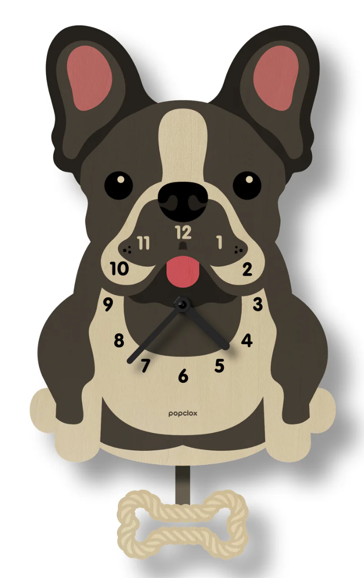 Wood Pendulum Clock | French Bulldog featuring a wooden dog design and swinging bone chew toy pendulum for dog lovers.