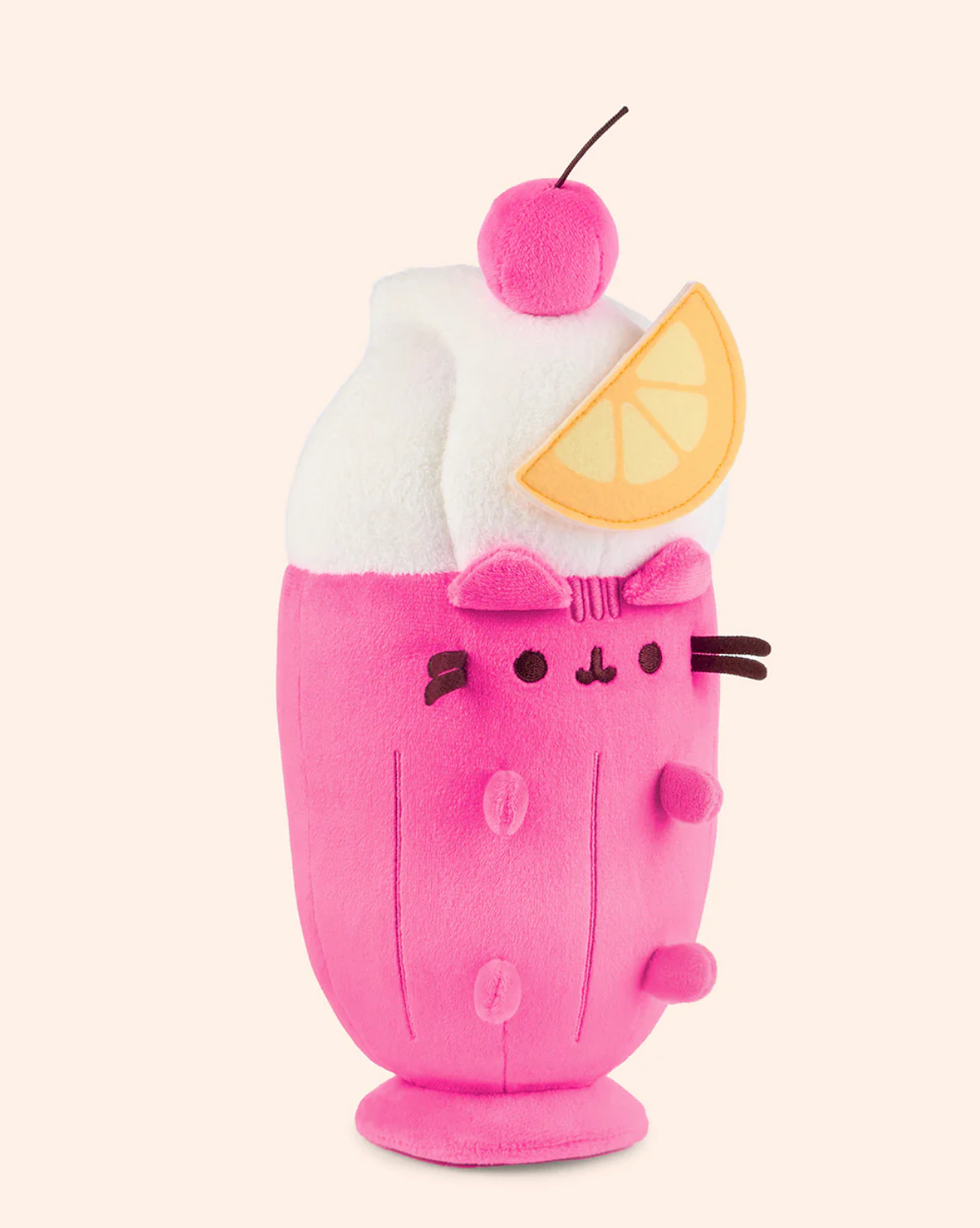 Pusheen Fruit Parfait plush featuring a pink parfait glass, whipped cream, cherry, and felt orange slice decoration.