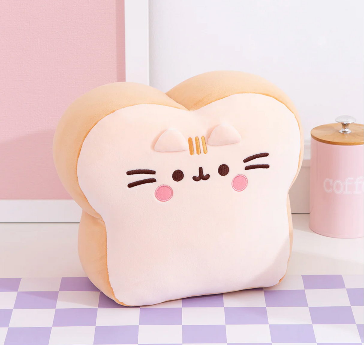 Pusheen White Bread plush showing thick, soft slice with Pusheen’s face, whiskers, rosy cheeks, and tan brown plush.
