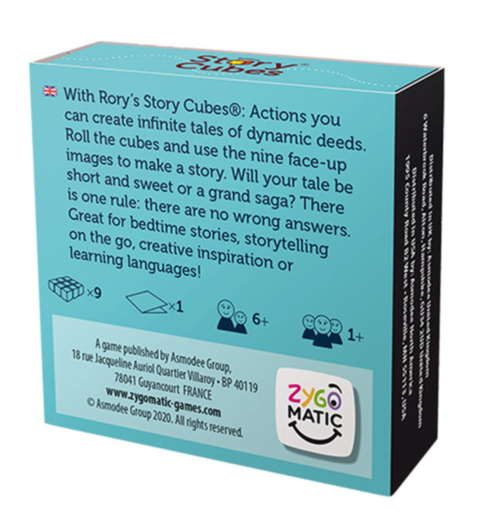 Rory's Story Cubes | Actions box showing game details for ages 6+, with nine cubes and storytelling instructions.