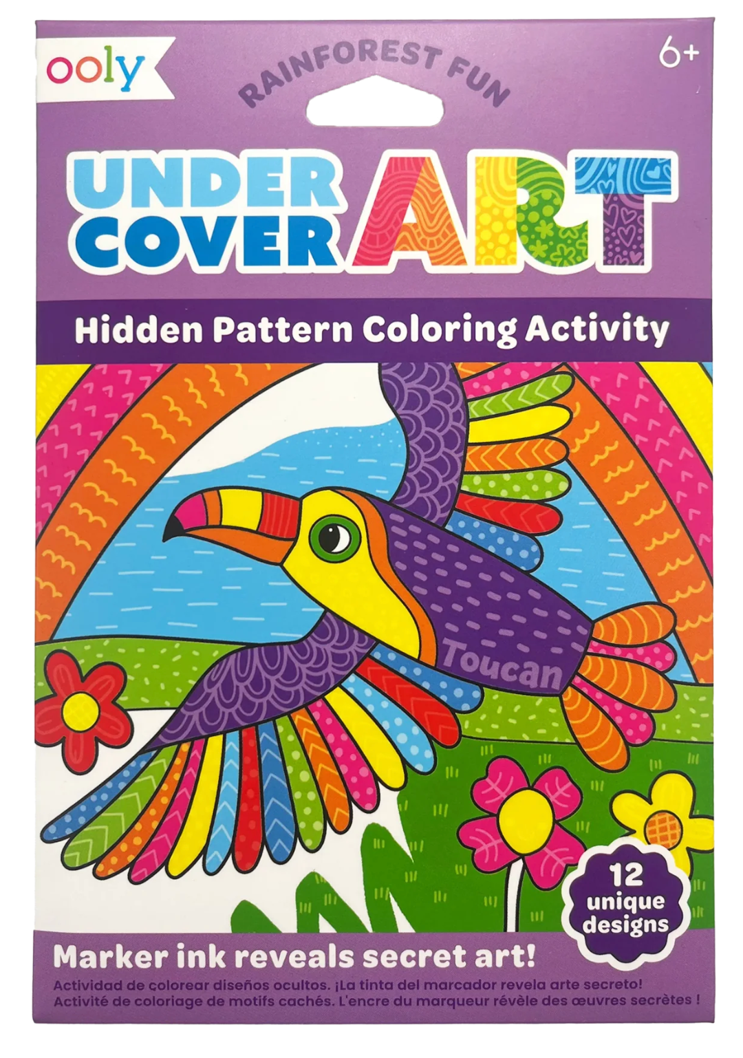 Undercover Art | Rainforest Fun coloring set with hidden patterns revealed by marker ink, featuring a colorful toucan illustration.