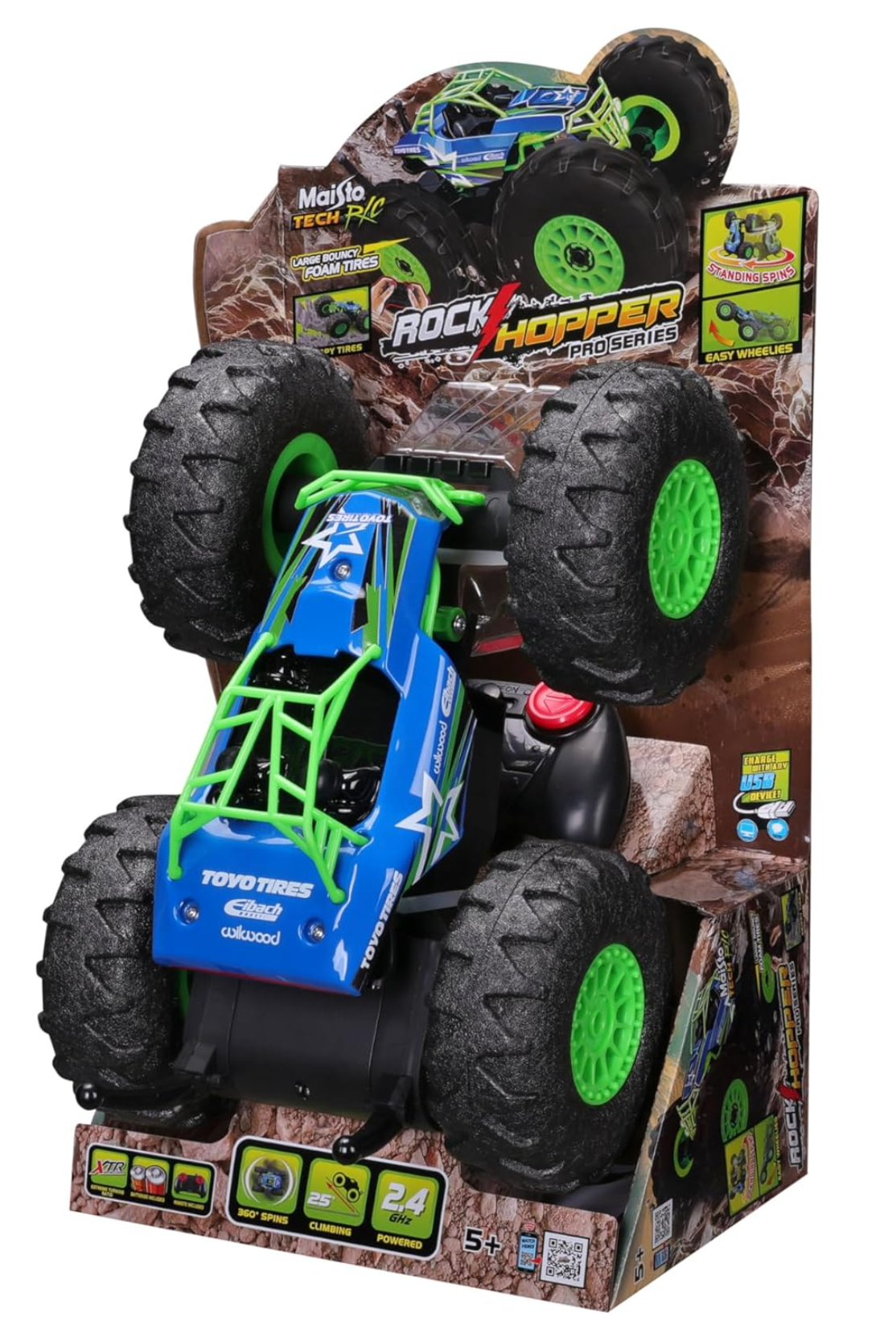 Maisto Tech R/C Rock Hopper off-road vehicle with big foam tires and remote control in packaging.