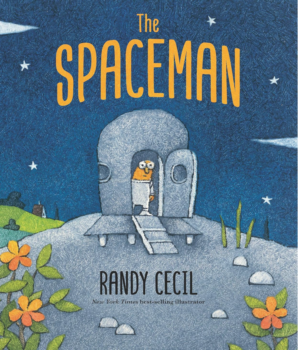 The Spaceman book cover showing a tiny spaceman stepping out of a spacecraft on a colorful alien planet.