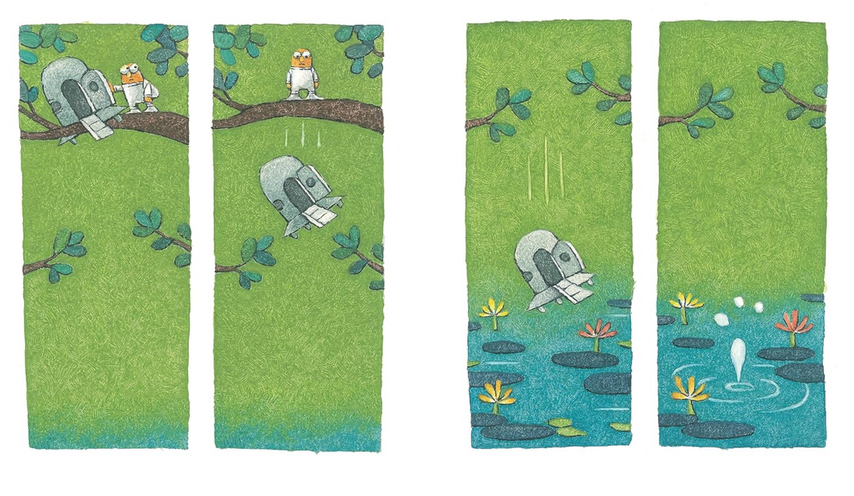 The Spaceman's tiny ship falls from a tree branch into a pond in a vibrant green landscape.