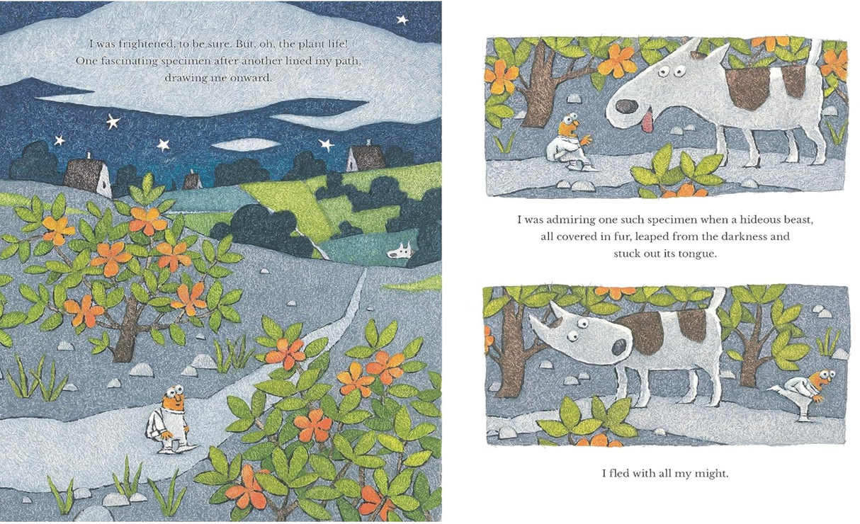 The Spaceman explores a colorful new planet with flowers and meets a funny, friendly beast in a whimsical landscape.