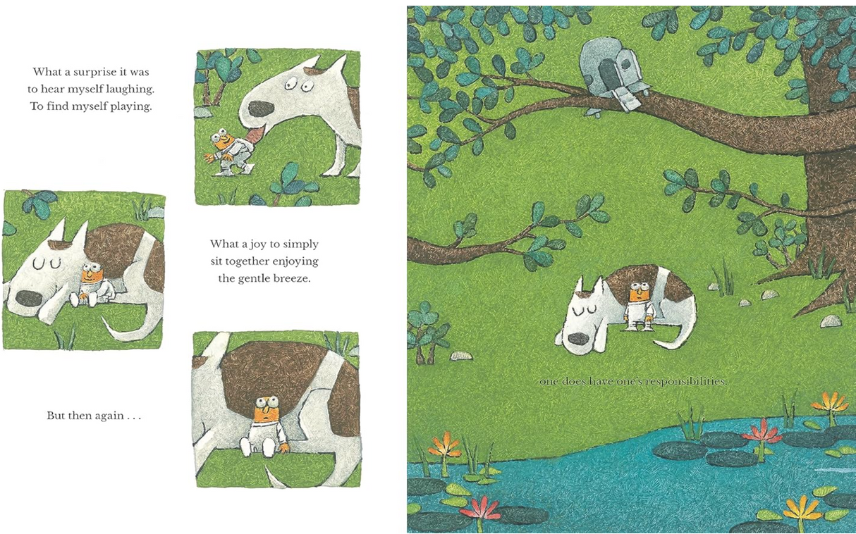 The Spaceman sitting with a friendly white dog by a pond in a lush green landscape filled with flowers and trees.