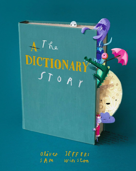 The Dictionary Story book with colorful whimsical characters peeking from its pages against a blue background.