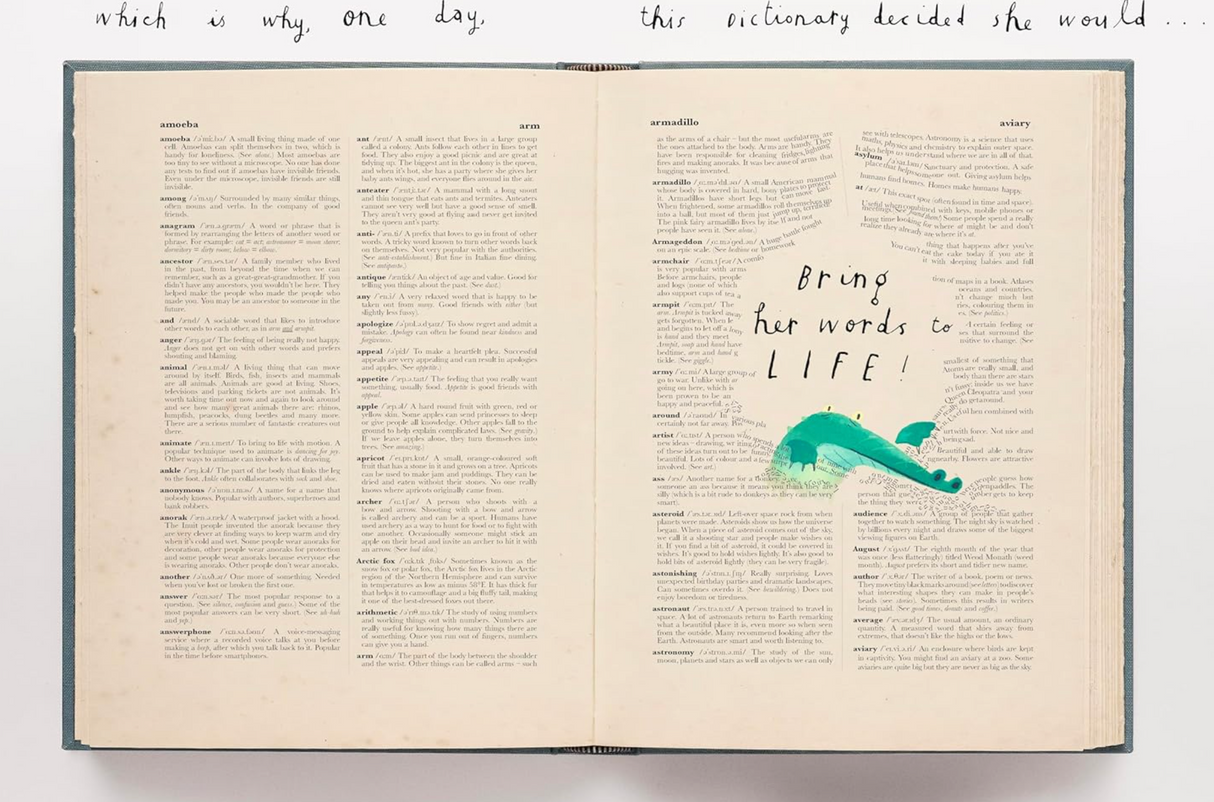 Open dictionary book with handwritten text and colorful illustration, showcasing The Dictionary Story product pages.
