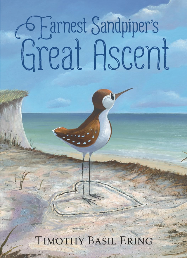 Cover of Ernest Sandpiper's Great Ascent showing a young sandpiper bird standing on a beach with a heart shape in the sand.