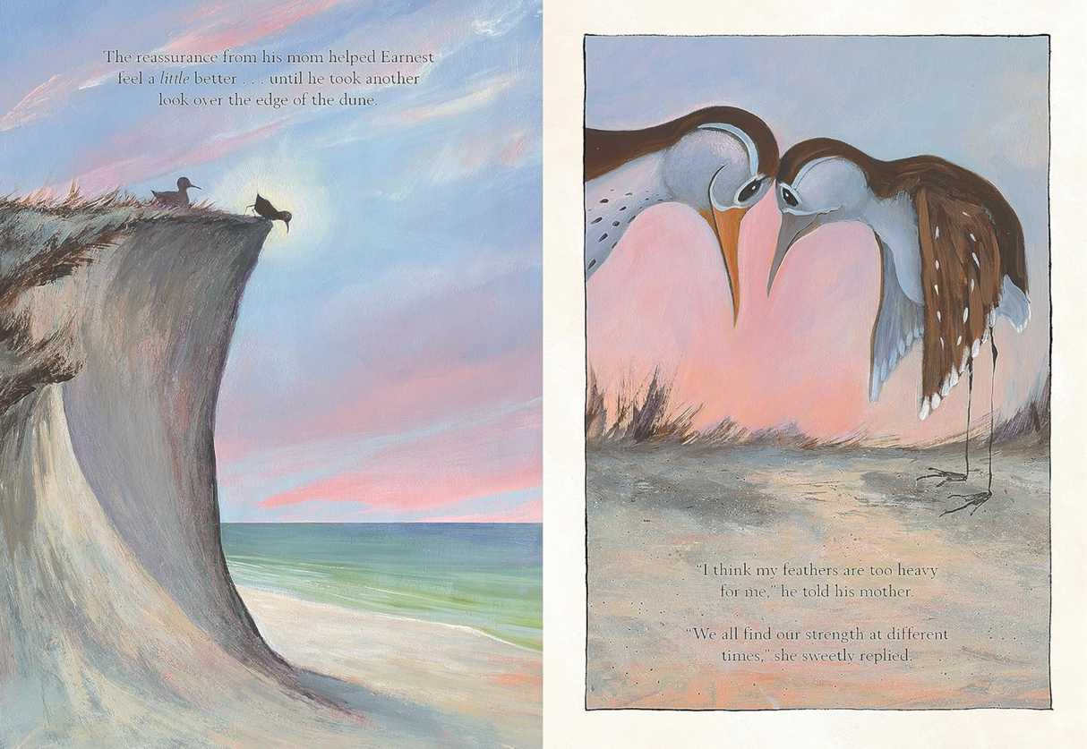 Open book pages from Ernest Sandpiper's Great Ascent showing a young sandpiper and a comforting mother bird at sunset near the ocean.