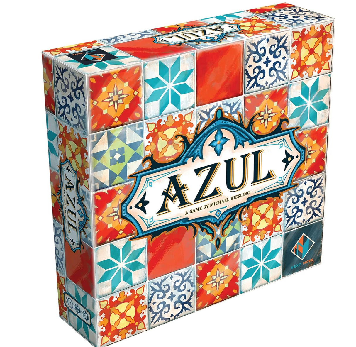 Azul board game box featuring vibrant tile designs inspired by Portuguese azulejos for creative mosaic play.