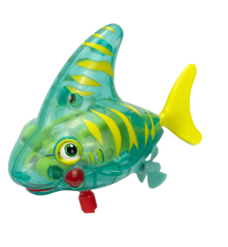 Z Wind Ups | Tiger Shark Seymore swim toy with bright yellow fins and stripes, designed for fun bath time adventures.