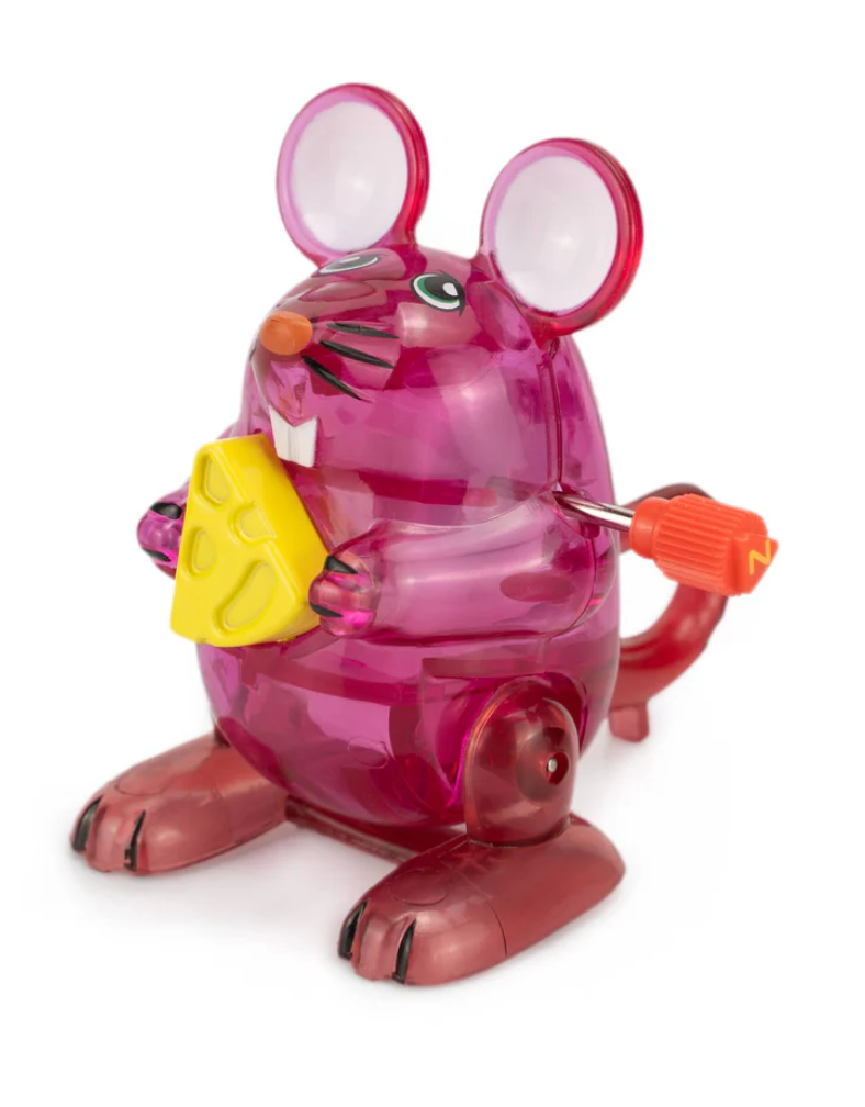 Z Wind Ups | Mouse Marvin translucent pink wind-up toy mouse holding cheese with orange key on white background