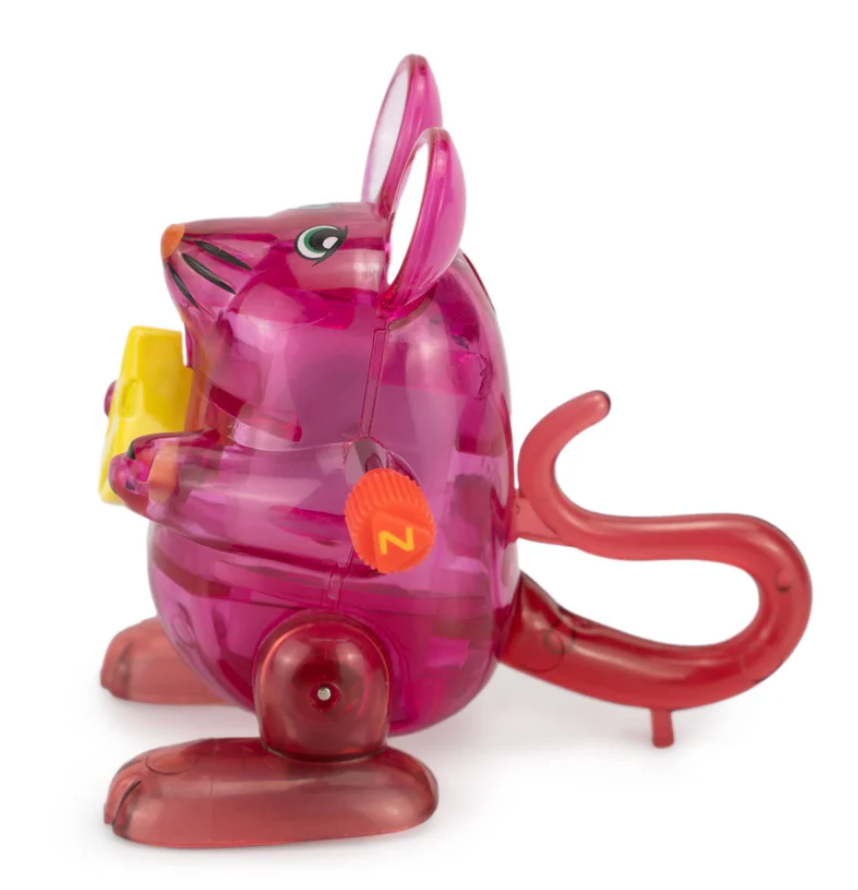 Z Wind Ups | Mouse Marvin translucent pink wind-up toy mouse holding cheese with orange key on side.