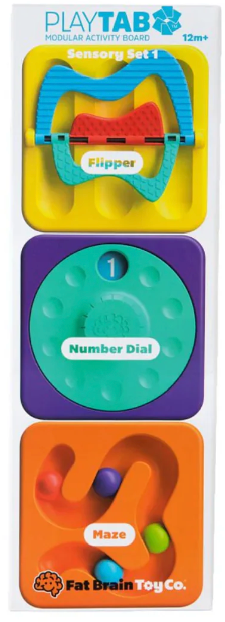 PlayTab Sensory Set 1 with colorful flipper, number dial, and maze tiles for fine motor skill development.