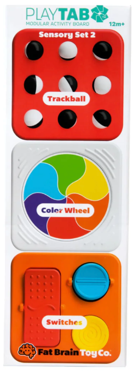 PlayTab modular sensory toy tiles featuring trackball, color wheel, and switches for fine motor skill development.