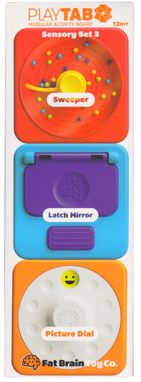 PlayTab modular activity board with Sweeper, Latch Mirror, and Picture Dial sensory tiles for fine motor skill play.