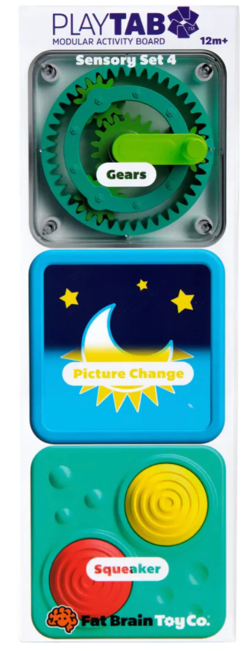 PlayTab modular sensory tiles featuring green gears, picture change with moon, and colorful squeaker buttons.