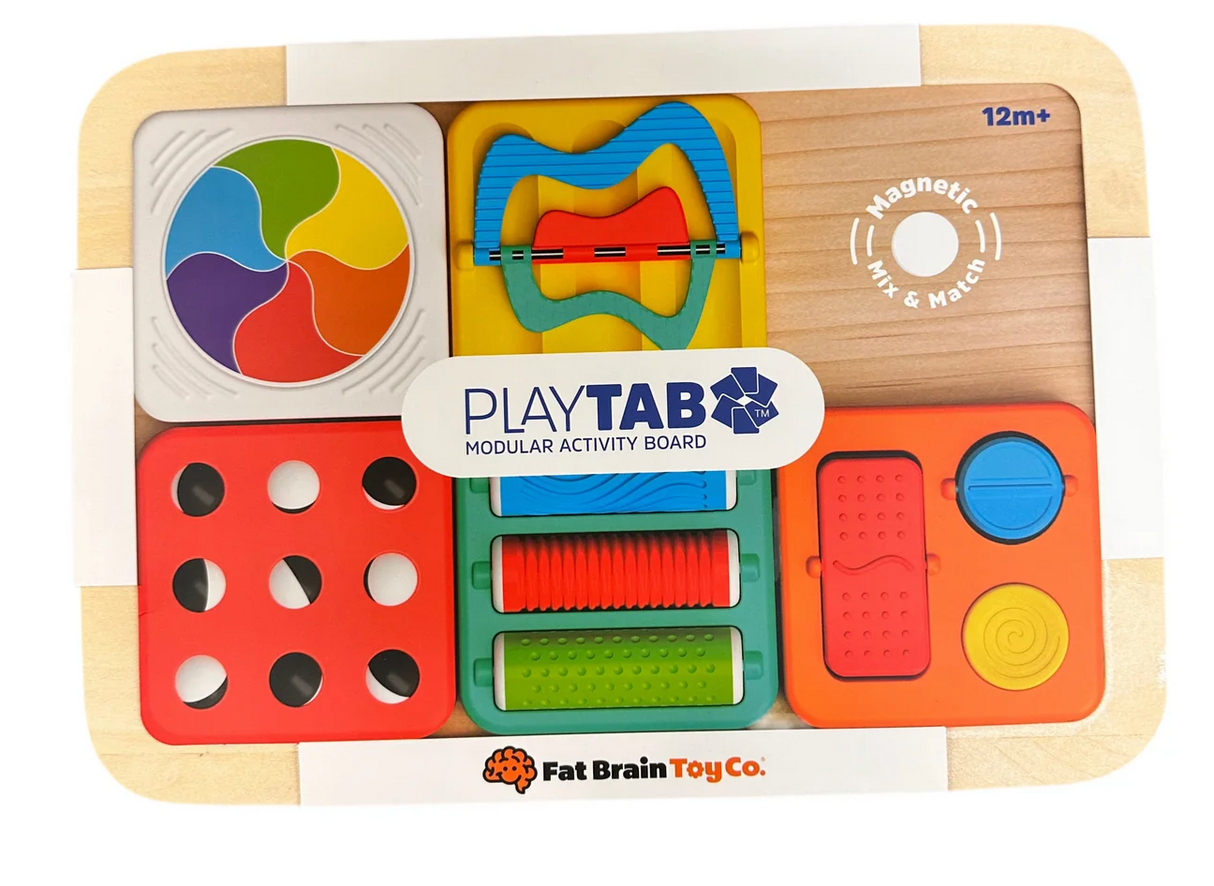 PlayTab modular activity board with colorful magnetic tiles for fine motor skills and sensory play, ages 12 months and up.