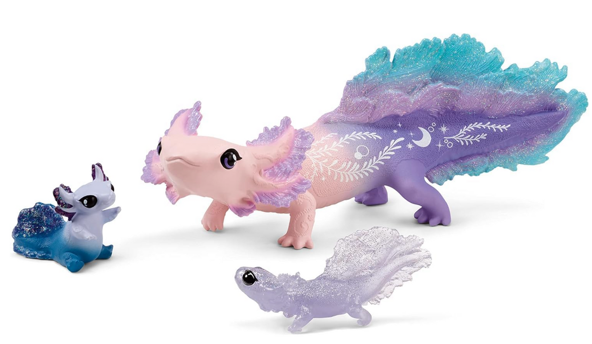 Bayala | Axolotl Discovery Set featuring three glittering, friendly axolotl toy figures with transparent fins and detailed designs.