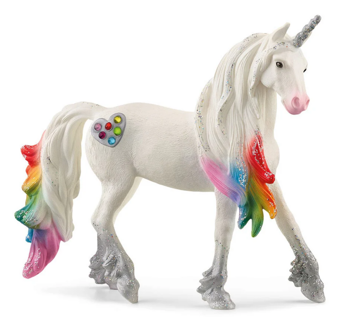 Bayala | Rainbow Love Unicorn Stallion figurine with rainbow mane, tail, and heart detail, perfect for imaginative play.
