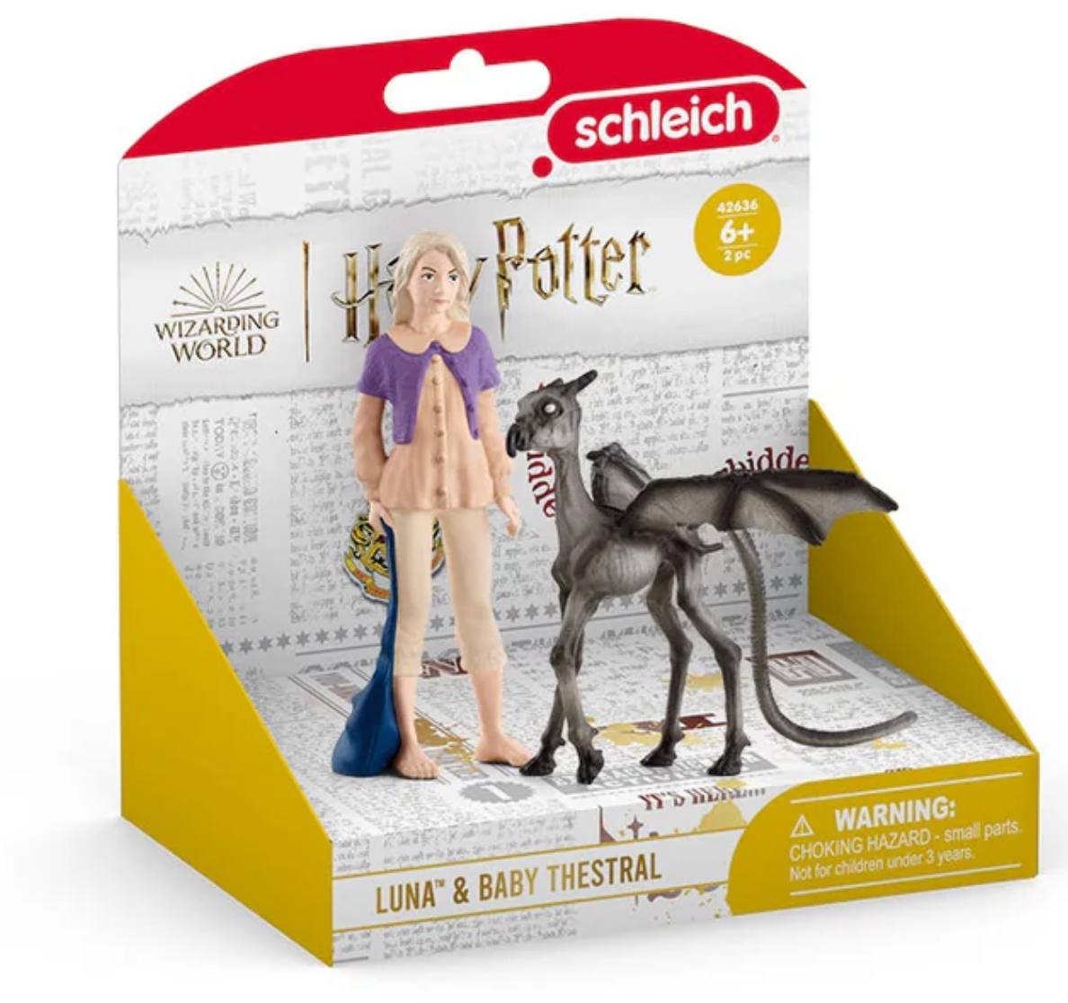 HP Luna Lovegood & Baby Thestral figurines set by Schleich, featuring Luna in Hogwarts attire with a magical Thestral companion.