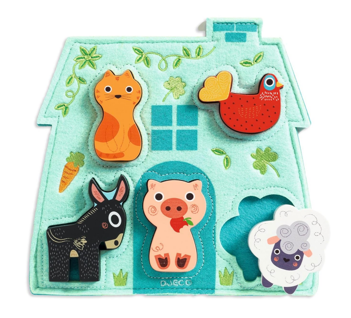 5pc Mouki Puzzle with colorful wooden farm animals and a soft felt house base for toddler sensory play and learning.