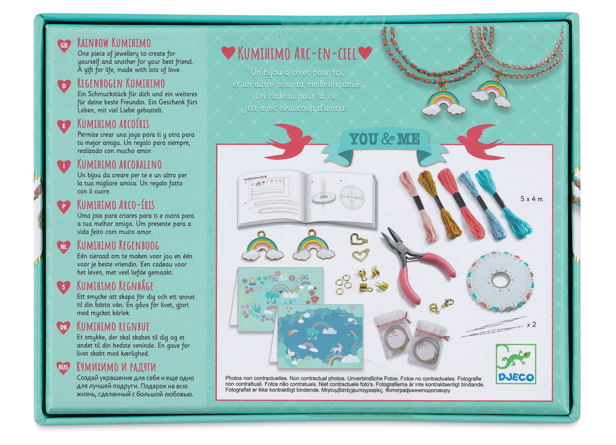 You & Me Rainbow Bracelet Set with colorful beads, charms, braiding tools, and illustrated cards for kids ages 8-12.