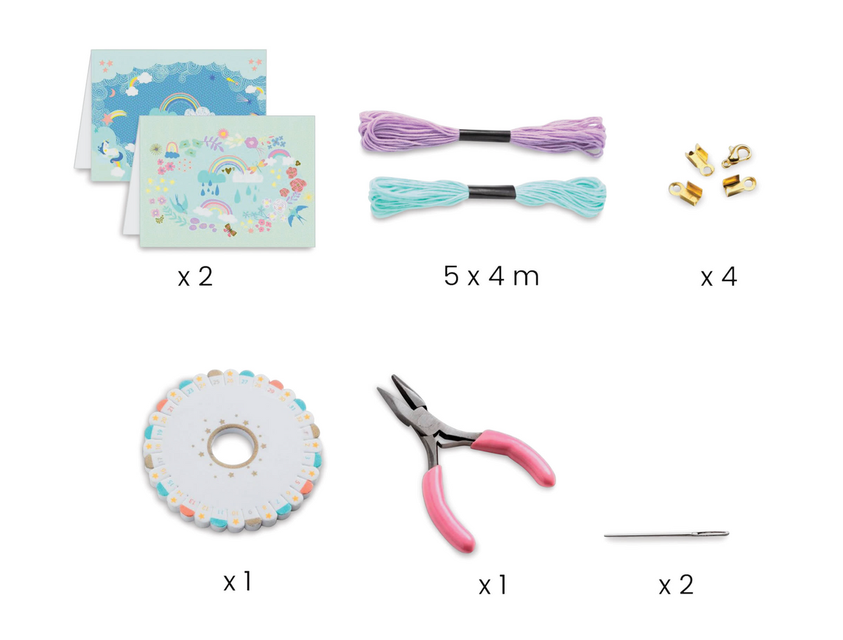 You & Me Rainbow Bracelet Set with colorful threads, charms, clips, pliers, needles, and illustrated cards for bracelet making.