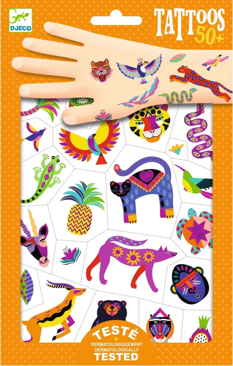 Wild Beauty Tattoos with colorful wild animal temporary tattoo sheets, easy to apply and dermatologically tested.