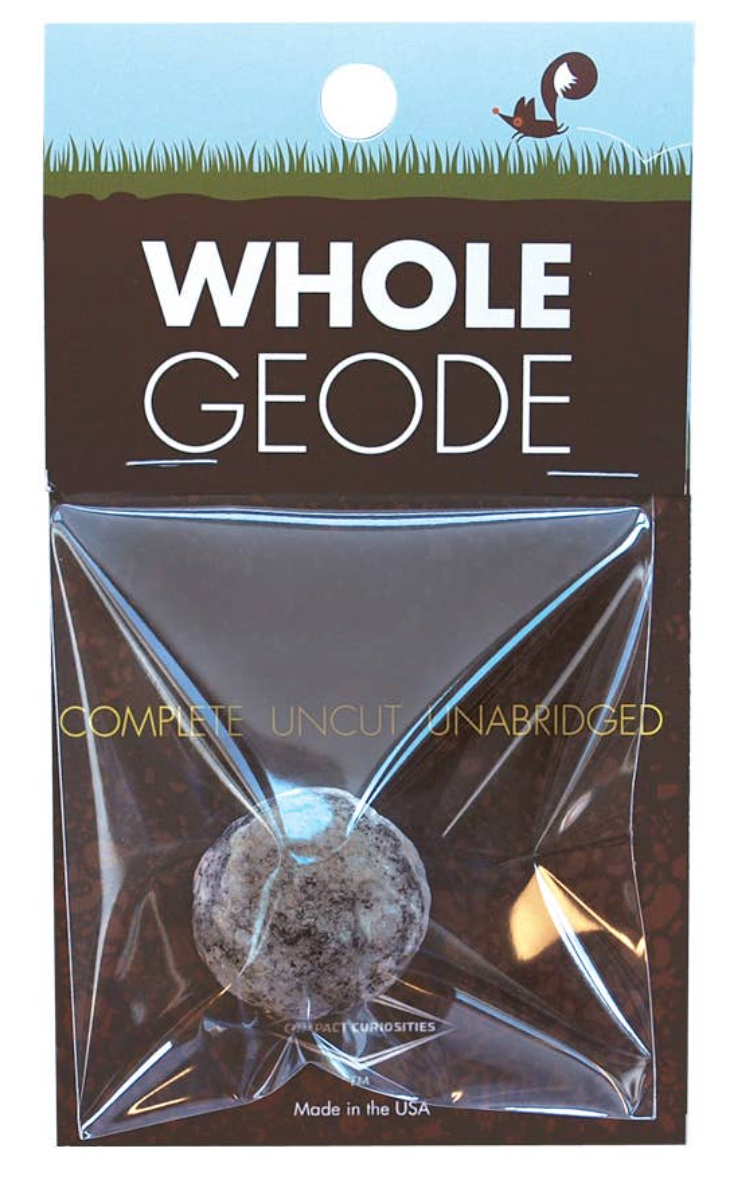 Whole Geode packaged and sealed, a complete uncut rock with sparkly quartz deposits inside, perfect for collectors.