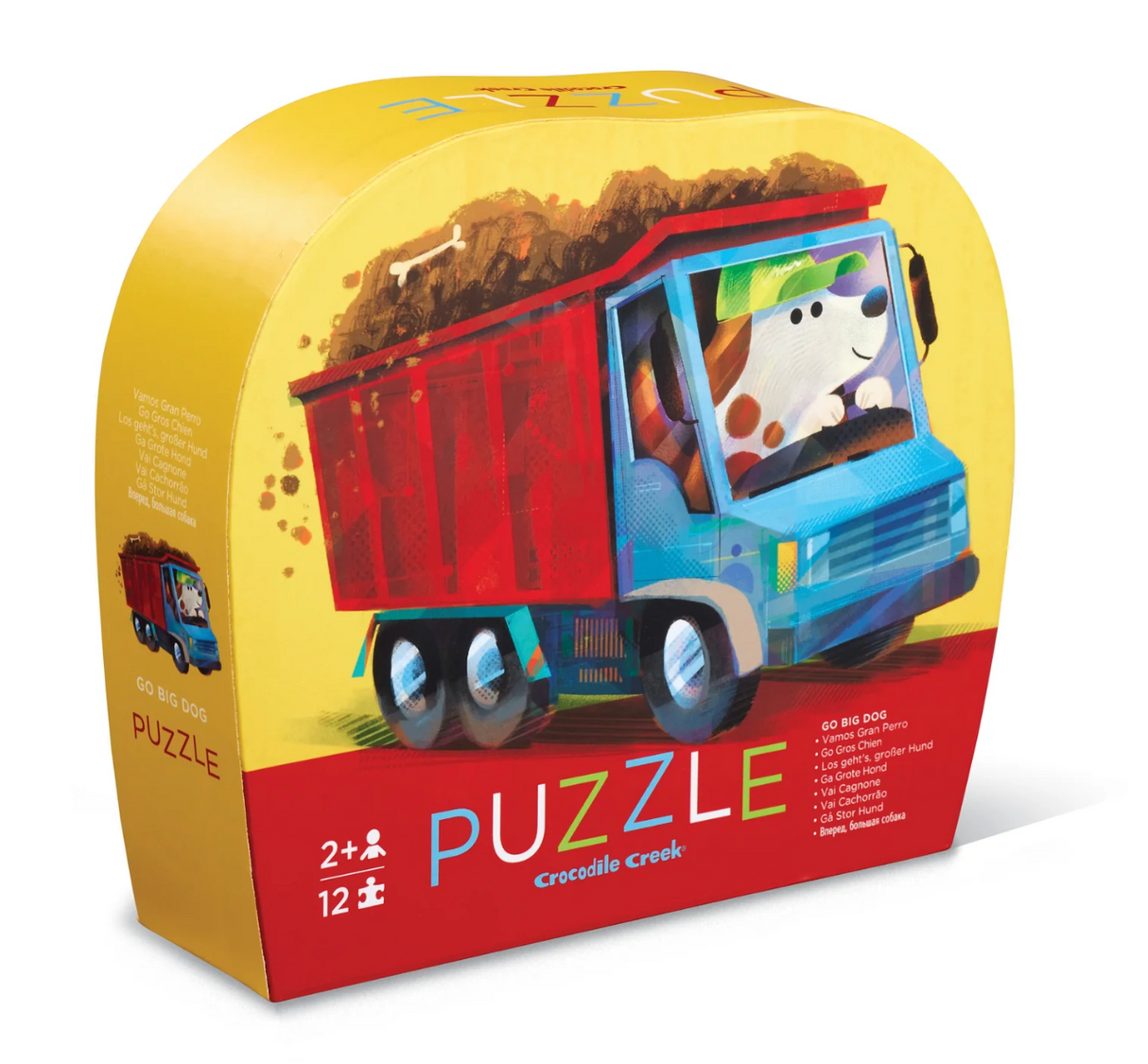 12pc Go Big Dog Puzzle box featuring a colorful dump truck with a playful dog driver for toddlers 2 years and up.