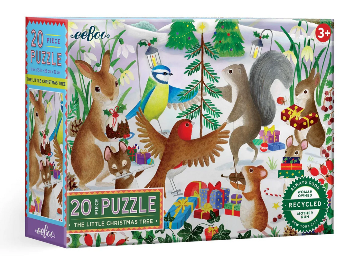 20pc The Little Christmas Tree Puzzle featuring forest animals gathering around a decorated Christmas tree in snow, age 3+ design.