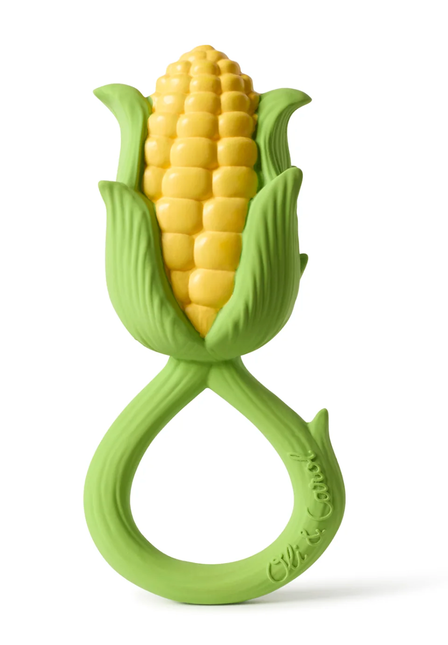 Rattle Toy | Corn shaped natural rubber teether and rattle with easy-grip handle and safe, soft chew surface.