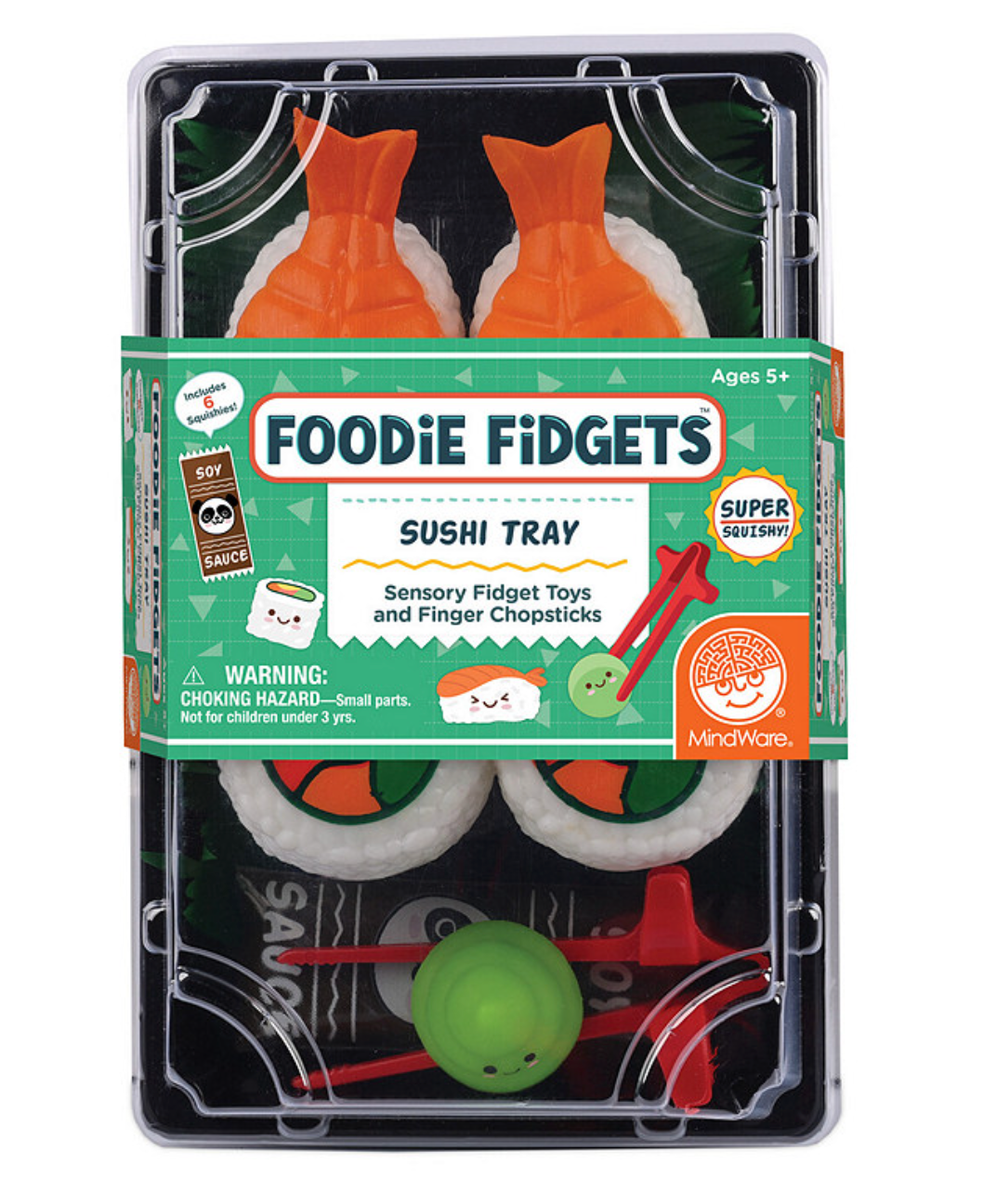 Foodie Fidgets Sushi Tray with 6 super squishy sushi-themed sensory toys and finger chopsticks for tactile play.