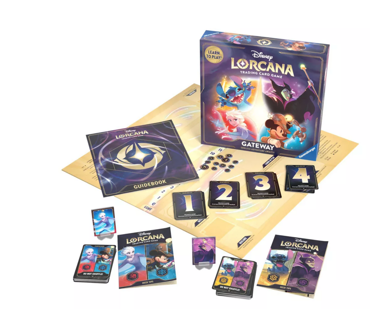 Disney Lorcana Trading Card Game Gateway set with game board, cards, guidebook, and accessories for beginners.