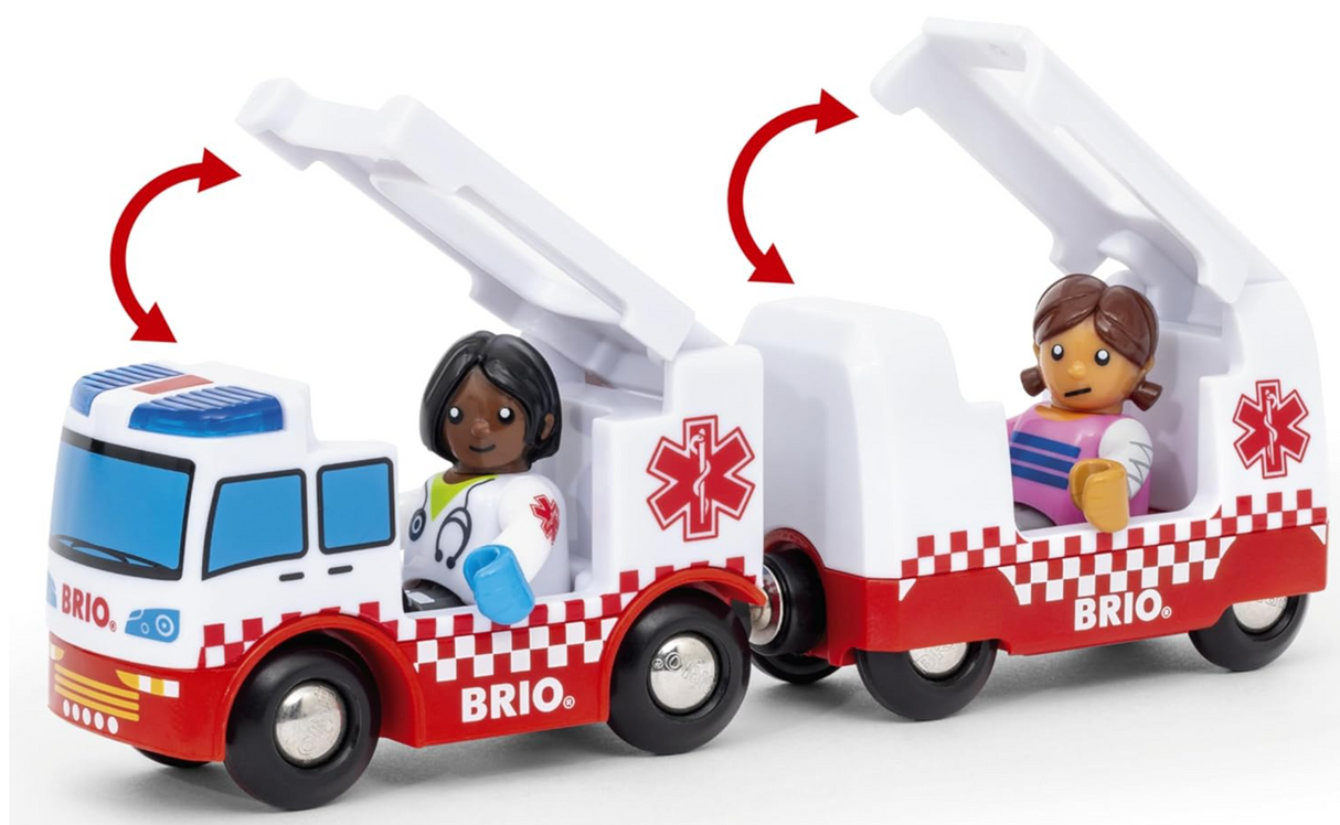 BRIO 36035 Rescue Ambulance toy with paramedic figures, working sirens, and opening compartments for imaginative play.