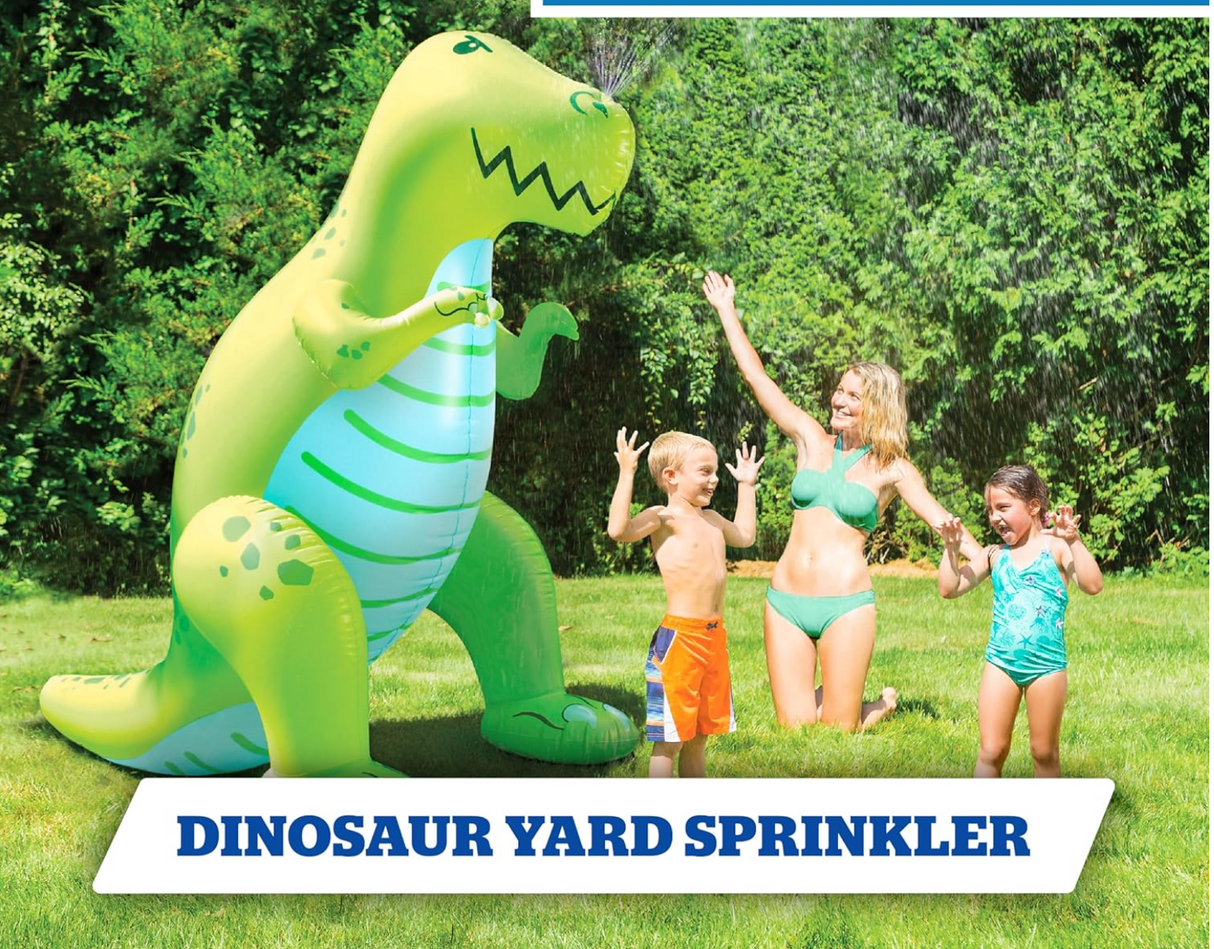 Sprinkler | Ginormous Dinosaur inflatable green dinosaur yard sprinkler with kids and adult playing in backyard.