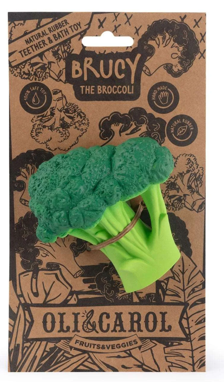 Natural Teether | Brucy the Broccoli made from 100% natural rubber, safe and soft for soothing baby gums.